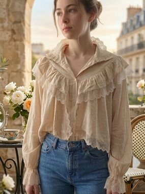 🤍Korean Chic Lace Ruffle Blouse in Cream